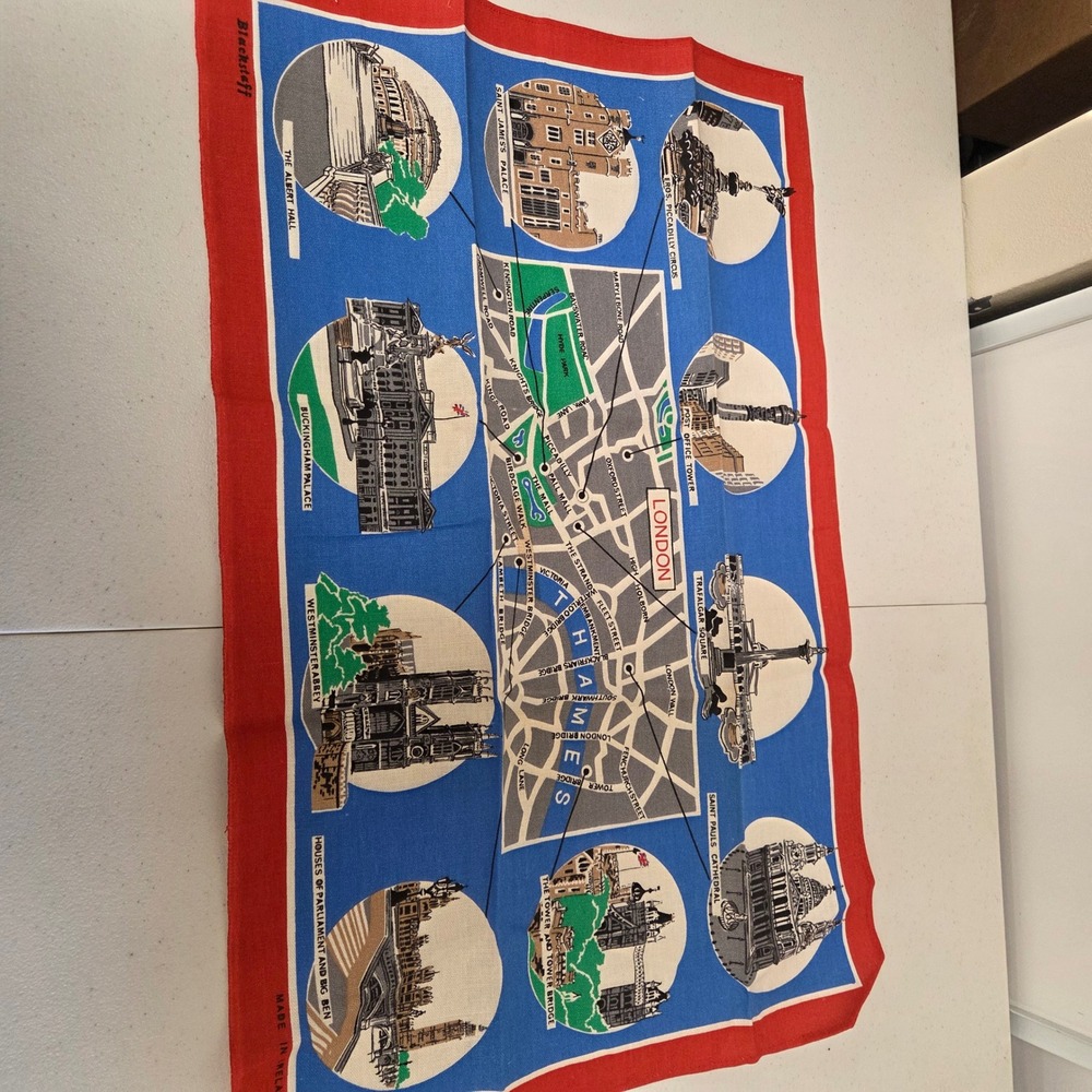 Vintage Blackstaff London Map Tea Towel Linen Souvenir Made in Ireland Blue Red